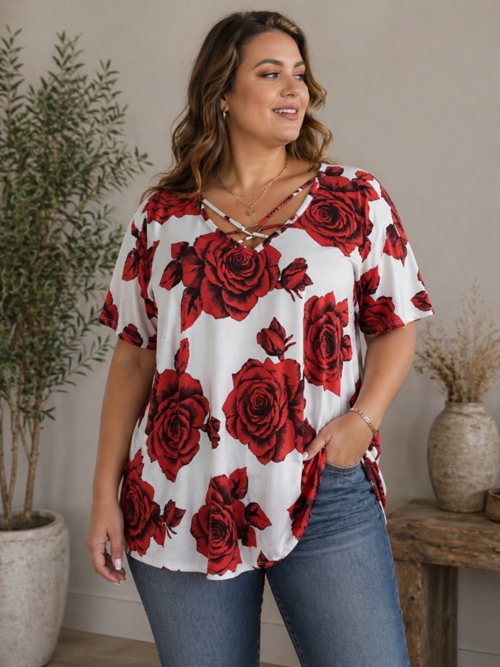 🌹✨ Rose Floral Crisscross Neck Tunic Top – Bold & Beautiful